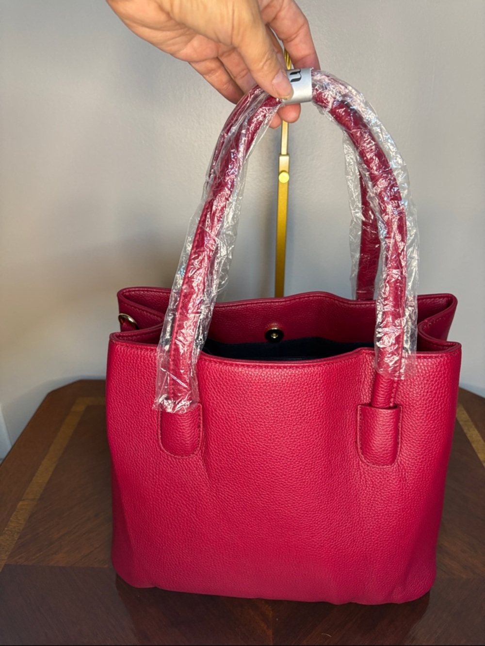 Stylish Dark Cherry Red Tote Bag with Gold Accent